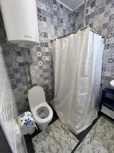 a bathroom with a toilet and a white shower curtain at Будиночок над річкою in Korchin