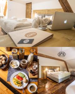 a collage of photos with a laptop on a table with food at Gospoda Dębowiec520 in Bielsko-Biała +38 photos