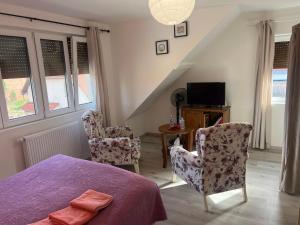 a bedroom with a bed and two chairs and a tv at Aux cigogneaux in Guémar