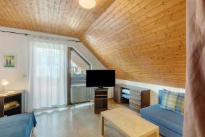 a living room with a blue couch and a television at Ferienwohnung Ettenheim in Ettenheim