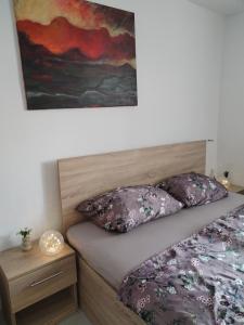 a bed with two pillows and a painting on the wall at Margit Haus in Stara Moravica