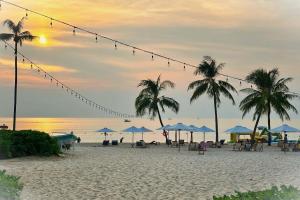 a beach with chairs and umbrellas and palm trees at Leo'J Hotel & Apartment in Phú Quốc