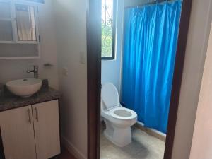 a bathroom with a toilet and a blue shower curtain at CAMPESTRE VILLA LUNA Quinbaya in El Tigre +10 photos