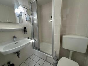 a bathroom with a shower and a toilet and a sink at Gästehaus am Harz in Goslar