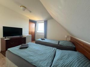 a bedroom with two twin beds and a television at Gästehaus am Harz in Goslar +9 photos