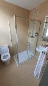 a bathroom with a shower and a toilet and a sink at Hammersmith Belle in London
