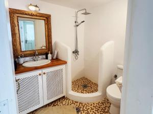 a bathroom with a sink and a toilet and a mirror at Agnanti Beach House in Patmos