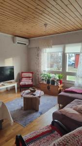 a living room with a couch and a tv at Mumrila in Pori