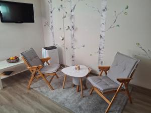 a room with three chairs and a table and trees on the wall at Prenočišče Breza in Radovljica