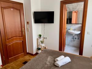 a room with a bed and a sink and a television at Pension Francesco in Nuremberg +16 photos