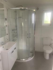 a bathroom with a glass shower and a toilet at Cozy accommodation on horse farm in Alunda