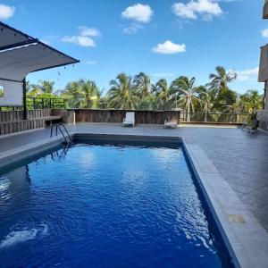 a swimming pool with blue water and palm trees at Hotel arimaca in Ríohacha