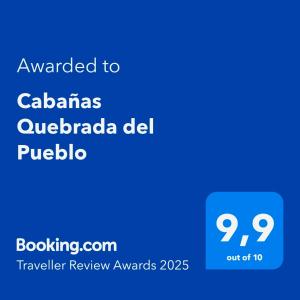 a blue text box with the words awarded to calabasasucario del at Cabañas Quebrada del Pueblo in Dolega +1 photo