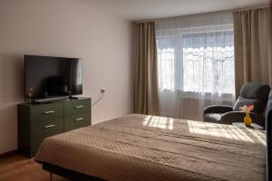 a bedroom with a bed and a tv and a chair at Naftininku in Mažeikiai