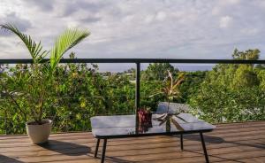 a glass table on a deck with plants on it at Te Manu Lodge in Hanga Roa