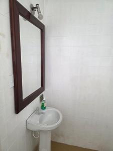 a bathroom with a sink and a mirror at Quarto Ametista in Aracaju
