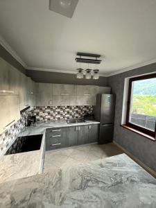 a large kitchen with stainless steel appliances and a window at Gray house in Yaremche +7 photos