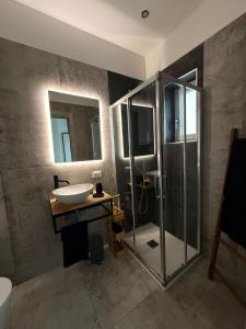 a bathroom with a glass shower and a sink at R Apartment - Venaria in Venaria Reale