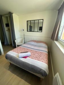 a bedroom with a bed with a mirror on the wall at La douce escale in Angoulême
