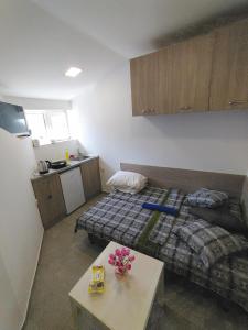 a small room with a bed and a table at City Centre Suits 3 in Varna City