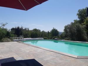 a large swimming pool with an umbrella on a patio at Le Cocon Des Roches in Cessieu