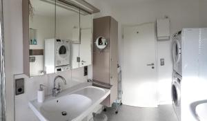 a bathroom with a sink and a washing machine at Lilie in Weilmünster +22 photos