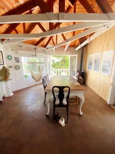 a dining room with a table and a dog laying on the floor at Paioneal Hostel l Spa Jacuzzi Sauna in El Quisco
