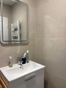 a bathroom with a white sink and a mirror at Chambre privée dans un appartement partagé in Colombes