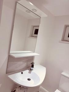 a bathroom with a white sink and a mirror at Golden Oak Guest House in North Leigh