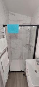 a white bathroom with a shower and a sink at Apartments AlpRoza in Zgornje Gorje