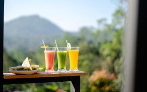 three drinks on a table with a plate of food at 8 Acres Tea Escape in Deniyaya