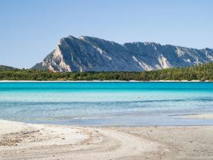 a beach with blue water and mountains in the background at Case Peschiera 17 in Nuragheddu