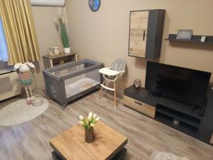 a living room with a flat screen tv at Jucus Apartman in Makó