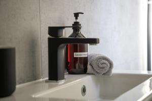 a bottle of soap sitting on top of a sink at Le Millésime in Dijon