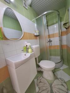 a bathroom with a toilet and a sink and a shower at Happiness Apartment Skopje in Skopje +38 photos