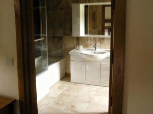 a bathroom with a sink and a shower and a mirror at Tyn Y Celyn Canol in Clocaenog +9 photos