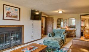 a living room with a couch and a fireplace at Milner Pass Cabin Retreat in South Fork