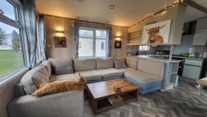 a living room with a couch and a dog laying on a table at East Lothian Escape in Port Seton