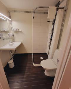 ein Badezimmer mit Toilette, Waschbecken und Dusche in der Unterkunft Hotel Emma in Östersund