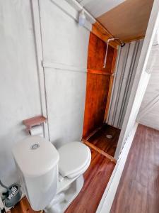 a bathroom with a toilet and a wooden floor at Las siete lunas in Ucú