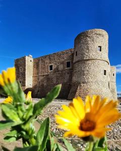 a yellow flower in front of a castle at La casetta triangolare in Bernalda