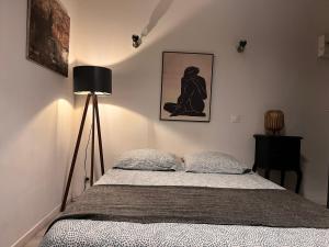 a bedroom with a bed and a lamp at 3- Le saule mauve in Poitiers +4 photos