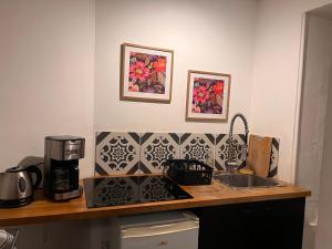 a kitchen counter with a coffee maker and a sink at 3- Le saule mauve in Poitiers