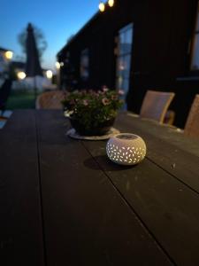a wooden table with a pot of flowers on it at Villa Golfgatan 32 Vintrosa Lanna in Vintrosa +29 photos
