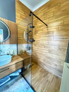 a bathroom with a shower and a sink at Euphoria Apartments in Beiuş +37 photos