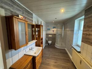 a bathroom with a sink and a toilet and a tub at Lausitzhof in Hoyerswerda +34 photos