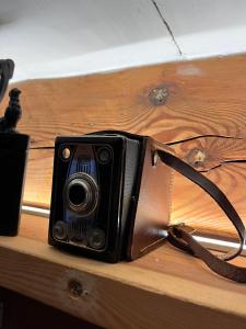 a camera sitting on a table with a brown purse at Żuławska Chata in Nowy Dwór Gdański
