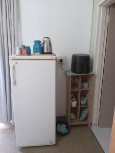 a small white refrigerator in a room with a shelf at Ebenezer Verblyf in Fraserburg