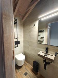 a bathroom with a toilet and a sink and a mirror at Aria home in Tsoukalades +18 photos