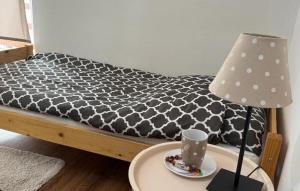 a bed with a black and white comforter and a lamp at Stunning Home In Rybical With Wifi in Rybical